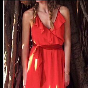 Anthropologie Girls From Savoy Becca Coral/Red Silk Ruffle Faux Wrap Dress sz 2